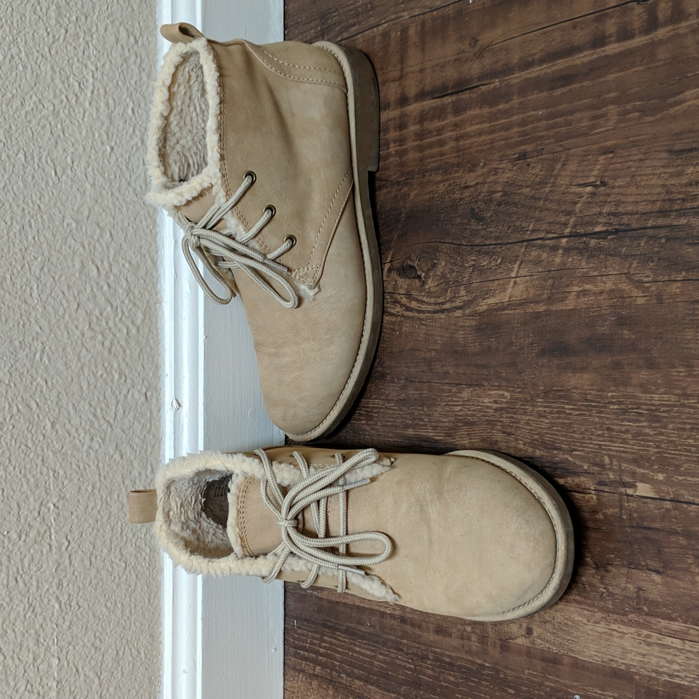 Suede winter booties in neutral beige, lined with faux fur